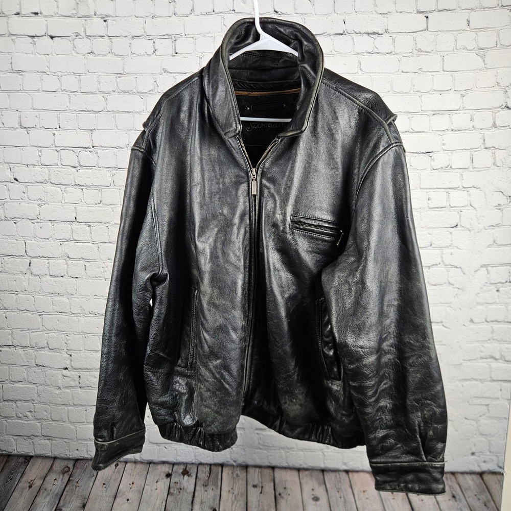 St Johns Bay Mens XL Black Genuine Nappa Leather Bomber Jacket Quilted Lining
